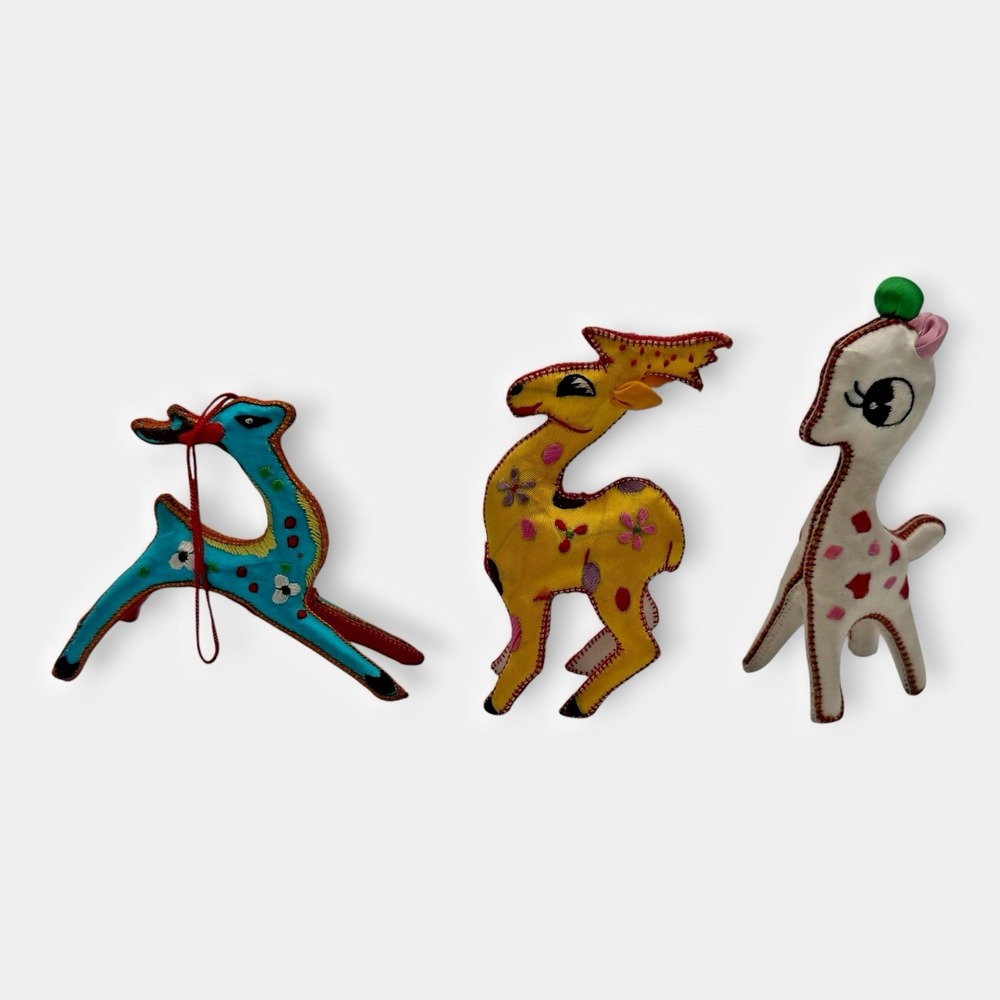 Handmade Deer Silk Fabric Figures Embroidered Folk Art Set of 3 Big Eye Vintage